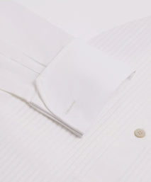 White Slim Fit Evening Double Cuff Pleat Front Plain Poplin Shirt