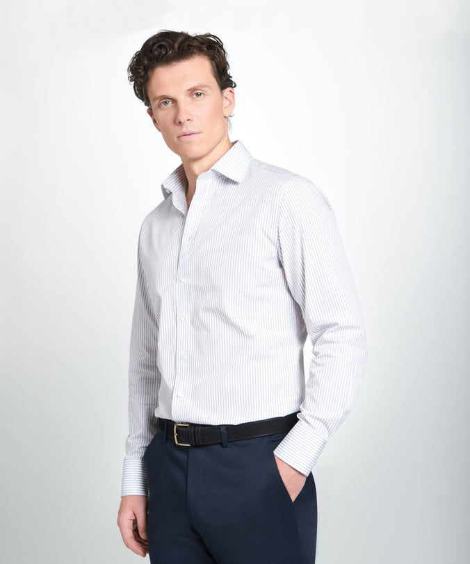 Pale Grey & White Tailored Fit Tram Stripe Formal Shirt