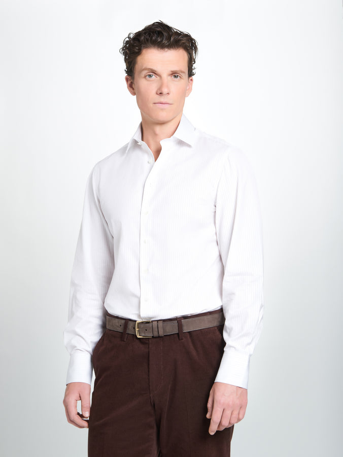 White & Purple Tailored Fit Broken Twill Stripe Formal Shirt