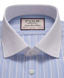 Pale Blue & White Tailored Fit Formal Double Cuff Devonshire Stripe Shirt